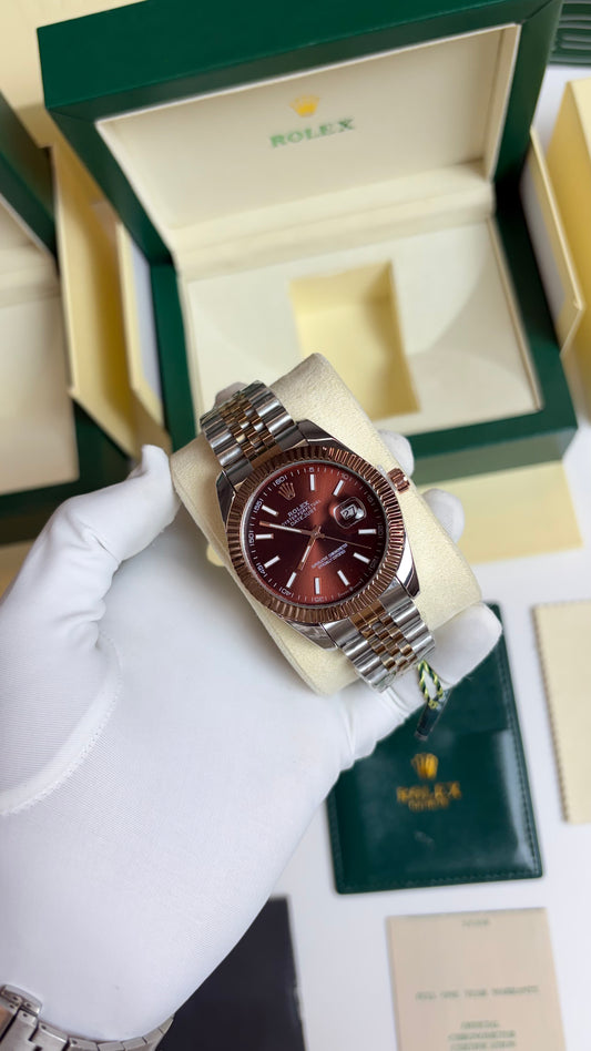 Rolex Oyster Perpetual Date Just Maroon 2 Tone Strap