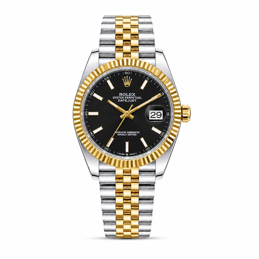Rolex Oyster Perpetual Date Just Grey Black Dial 2 Tone Strap