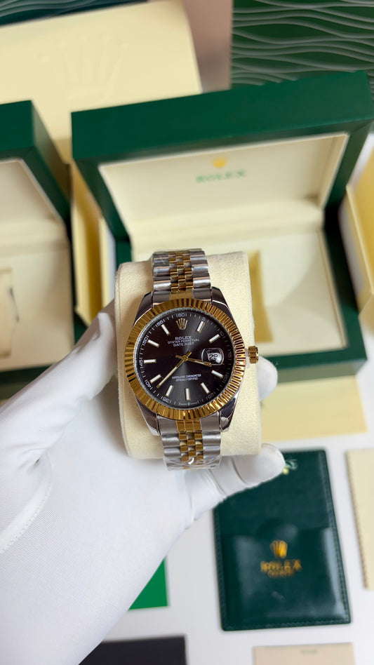 Rolex Oyster Perpetual Date Just Grey Black Dial 2 Tone Strap