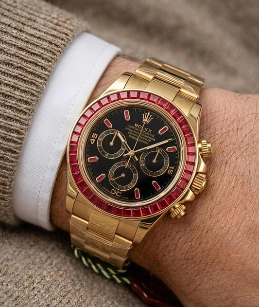 Rolex Oyster Perpetual Daytona Saco Red Diamond Gold Strap