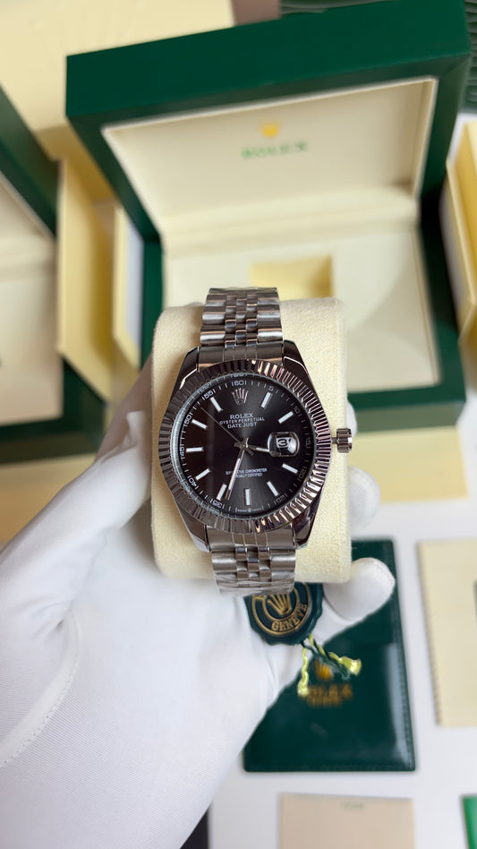 Rolex Oyster Perpetual Date Just Grey Black Silver Strap