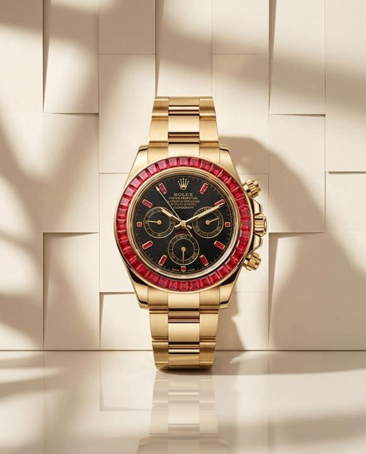 Rolex Oyster Perpetual Daytona Saco Red Diamond Gold Strap